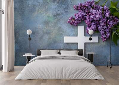 White cross and violet or purple lilac blossom on old background for a condolence card..generative ai Wall mural