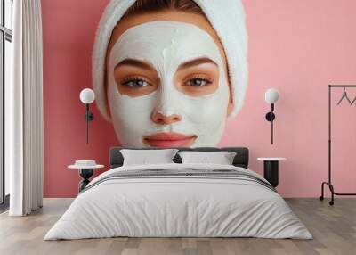 Woman with facial mask. Cosmetic procedure. Beauty spa and cosmetology. Beauty treatments. Facial lifting in SPA salon. Cosmetologist girl does facial massage. generative ai Wall mural