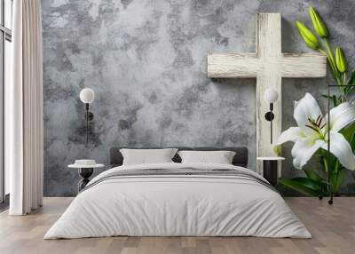 Wooden cross and lily on grey background with space for text, top view .generative ai Wall mural