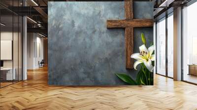 Wooden cross and lily on grey background with space for text, top view .generative ai Wall mural