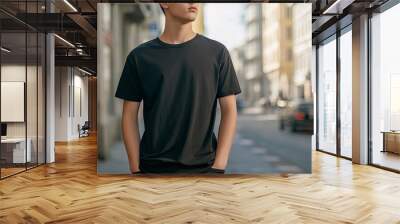 Young Model Shirt Mockup, Boy wearing black t-shirt on street in daylight, Shirt Mockup Template on hipster adult for design print, Male guy wearing casual t-shirt mockup placement .generative ai Wall mural