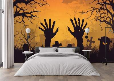 Zombie hands silhouettes on scary cemetery landscape. Autumn horror season, Halloween creepy vector background with zombie or living dead hand,generative ai Wall mural