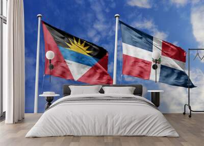  3d illustration. Antigua and Barbuda and Dominican Republic Flag waving in sky. High detailed waving flag. 3D render. Waving in sky. Flags fluttered in the cloudy sky. Wall mural