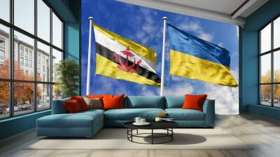 3d illustration. Brunei and Ukraine Flag waving in sky. High detailed waving flag. 3D render. Waving in sky. Flags fluttered in the cloudy sky. Wall mural