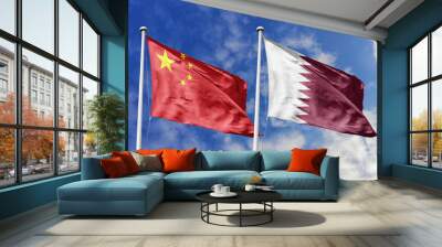 3d illustration. China and Qatar Flag waving in sky. High detailed waving flag. 3D render. Waving in sky. Flags fluttered in the cloudy sky. Wall mural