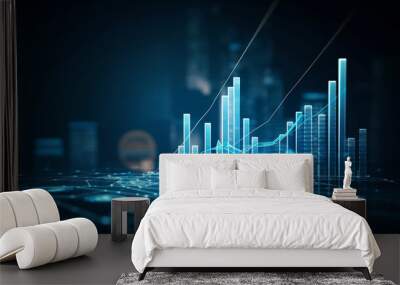 A 3D coin background with a blue finance graph and investment bar, showcasing growth and success in the market with technology and currency reports. Generative ai. Wall mural