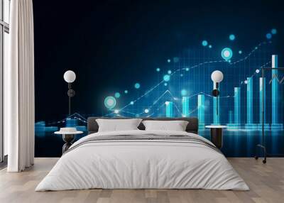 A 3D coin background with a blue finance graph and investment bar, showcasing growth and success in the market with technology and currency reports. Generative ai. Wall mural