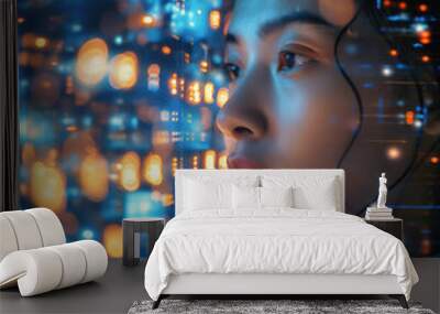 Asiatischer Frau blickt in einen digitalen futuristischen Erfolgsbildschirm Wall mural