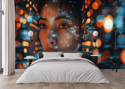 Asiatischer Frau blickt in einen digitalen futuristischen Erfolgsbildschirm Wall mural