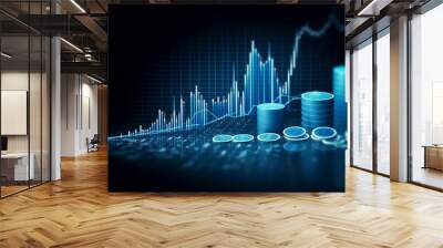 Coin background with a blue finance graph and investment bar, showcasing growth and success in the market with technology and currency reports. Generative ai. Wall mural