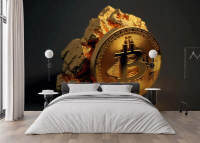 A golden coin with a bitcoin symbol on a gold stones, generative ai Wall mural