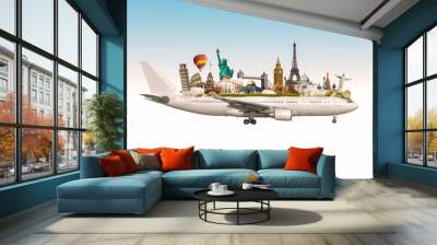 Collage of the world's most famous places on the plane. Leaning Tower of Pisa, Colosseum, Maiden's Tower, Statue of Liberty, Clock Tower, Pyramids, Eiffel Tower, Taj Mahal, Great Wall. 3D illustration Wall mural