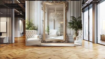 Imagine a grand classic tailored mirror, towering majestically on the wall, its ornate gilded frame enveloping a vast expanse of reflective glass.  Wall mural