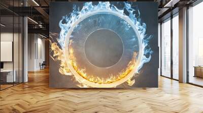 3d Intense vibrant circular flame with gradient from light blue to yellow on dark background wallpaper Wall mural