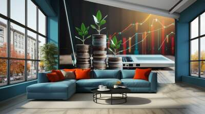 ImageStock Stack of money coins with laptop, trading graph, financial concept Wall mural