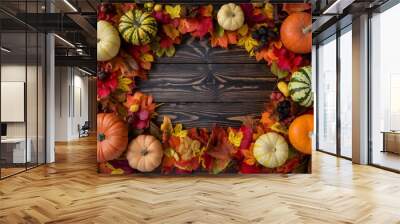 Pumpkins and leaves form festive Halloween design on rustic wooden surface Wall mural