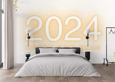 Happy new year 2024 - golden text, golden confetti Wall mural