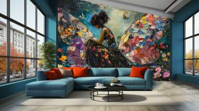 In a lush garden teeming with life, a large and stunningly beautiful fairy with iridescent wings sits gracefully amidst a riot of colorful flowers.

 Wall mural