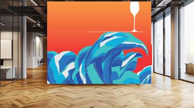  a glass of wine white silhouette on a sea wave at colorful sunset.  Wall mural