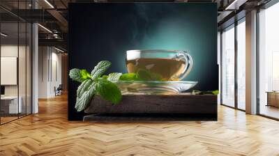 Natural tea cup with mint leaves. Wall mural