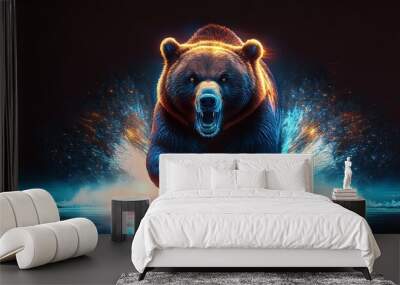 bear in the water, wallpaper person in the night, brown bear in water, Angry grizzly bear in rage sprinting in water towards camera, bear in the forest Wall mural