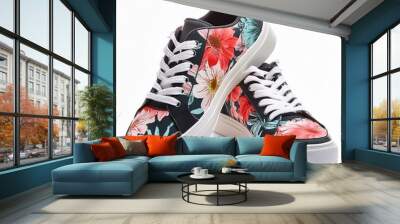 shoes isolated on white, feet in sneakers, shoes for children, wallpaper shoes on white background, paire de basket en toile aux motifs imprimés floral colorés avec semelle en caoutchouc blanc, lacets Wall mural