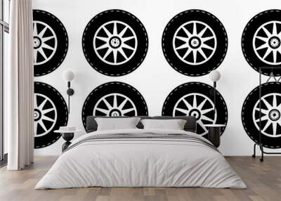 set of rubber wheel tire Icon vector silhouettes. illustration black tire design for cars Wall mural