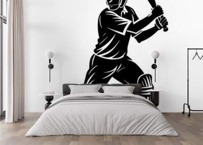 silhouette of a cricket player in action vector o white BG Wall mural