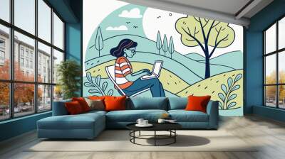 Vector illustration of a girl sitting on a chair with a laptop in a landscape style  Wall mural