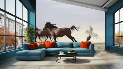 a plain with beautiful horses in sunny summer day in Turkey. Herd of thoroughbred horses. Horse herd run fast in desert dust against dramatic sunset sky. wild horses  Wall mural