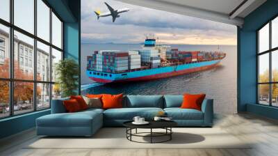 aerial view of freight ship with cargo containers. cargo ship and airplane carrying cargo on the sea Wall mural