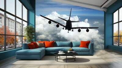 Airplane in the sky. Copy space of business summer vacation and travel adventure concept. Airplane sky and sunshine  Wall mural