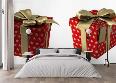 A collection of four red gift boxes with gold bows, ideal for festive occasions. Wall mural