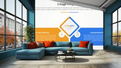 2 points stage template for comparison opposite infographic concept for slide presentation with diamond shape center with rectangle box bottom with flat style Wall mural