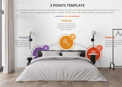 3 points stage template infographic concept for slide presentation with circle outline linked circular on half circle with 3 point list with flat style Wall mural