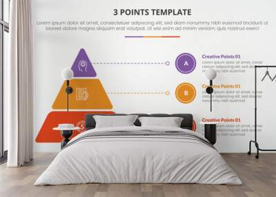 3 points stage template infographic concept for slide presentation with round pyramid and line pointer with 3 point list with flat style Wall mural