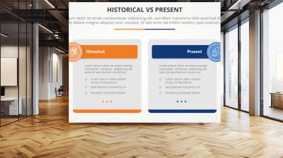 historical vs present versus comparison opposite infographic concept for slide presentation with big box table and circle badge header with flat style Wall mural