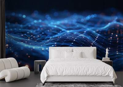 Abstract wave with moving dots and lines. Flow of particles. Cyber technology illustration. 3d rendering Wall mural