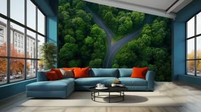 Aerial view asphalt road on green forest, Curve asphalt road on mountain green forest, Countryside road passing green forrest and mountain. Wall mural