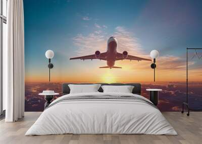 Commercial airplane flying above dramatic clouds during sunset. Wall mural