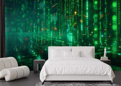 Digital binary code data streaming on a dark Wall mural