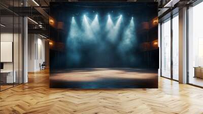 Empty concert stage with illuminated spotlights and smoke. Stage background with copy space Wall mural