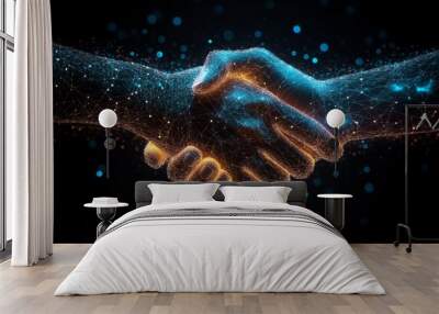 Illustration two wire-frame glowing hands, handshake, technology, business, trust concep Wall mural