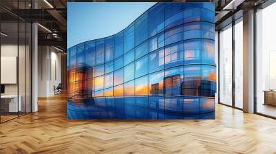 Low angle view of futuristic architecture, Skyscraper of office building with curve glass window Wall mural