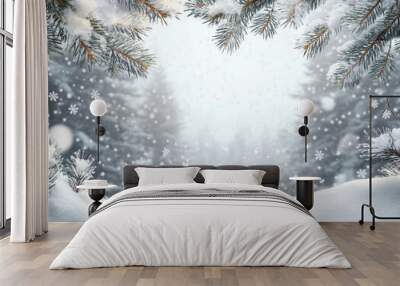 Snowfall in winter forest.Beautiful landscape with snow covered fir trees and snowdrifts.Merry Christmas and happy New Year greeting background with copy-space.Winter fairytale. Wall mural