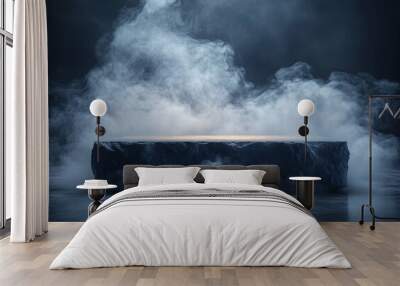 Storm in the dark. Smoke over the floor. Concrete platform podium with smoke.  Wall mural