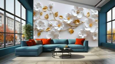 White flowers with golden leaves on white background. White and golden luxury 3d floral background Wall mural