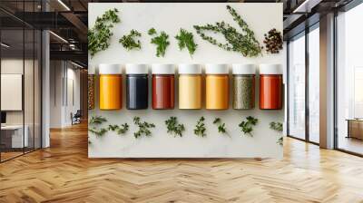 Top View of a Colorful Kitchen Counter Displaying Various Spices in Jars, Capturing the Essence of Culinary Creativity and Home Cooking Wall mural