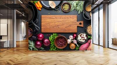 Dark culinary background with healthy food ingredients Wall mural