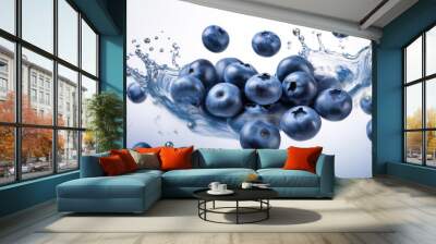 Plump blueberry clusters flying on a white background, highlighting their deep blue color Wall mural